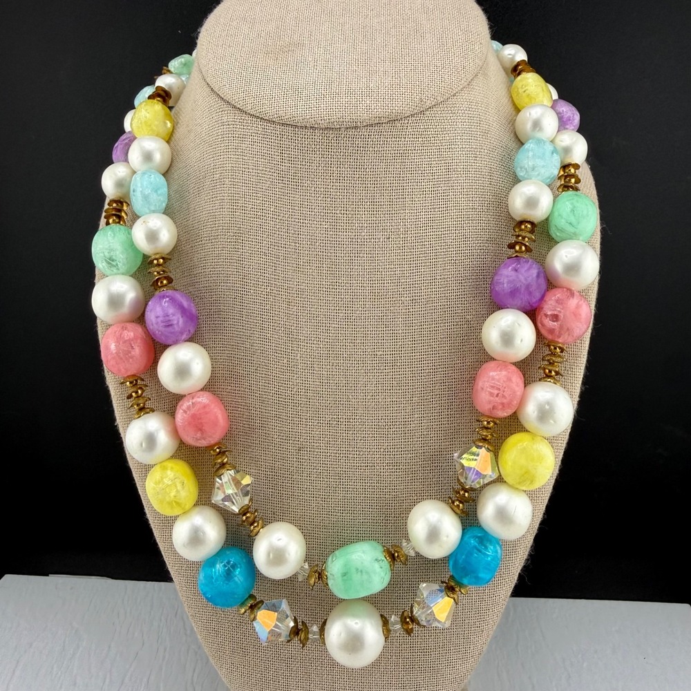 Vintage Estate Necklace Multicolor Beaded Pastel Layered Plastic 19"